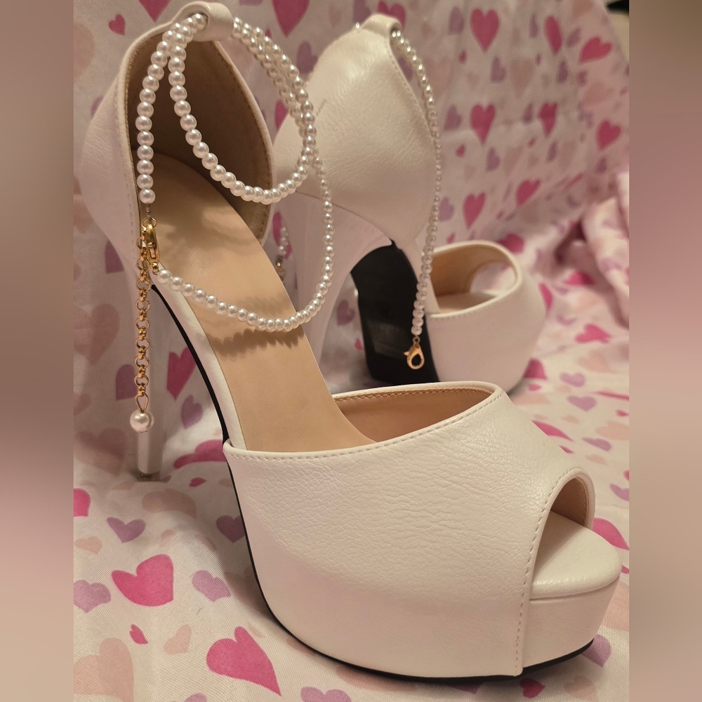Elegant White High Heels with Pearl Accents